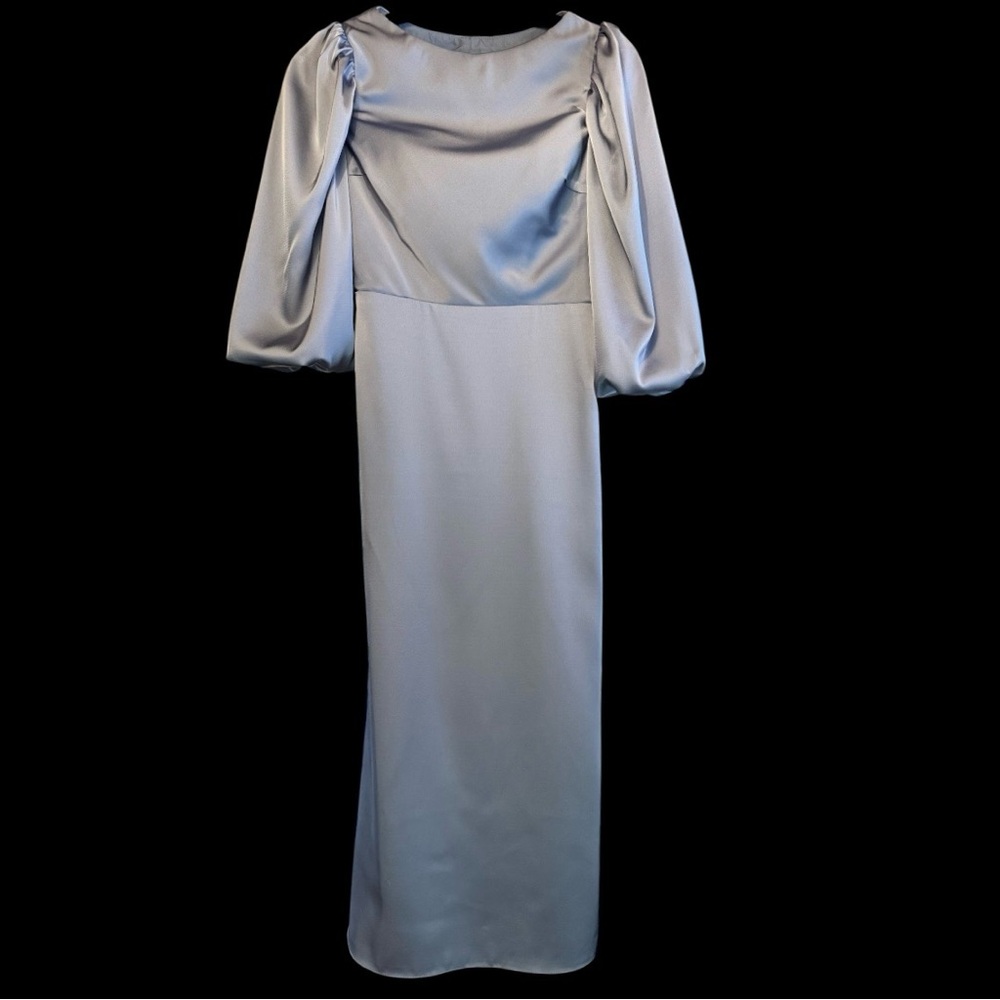 AW Bridal Slate Gray Blue Lavender Satin Balloon Sleeve Dress NWOT Size 2